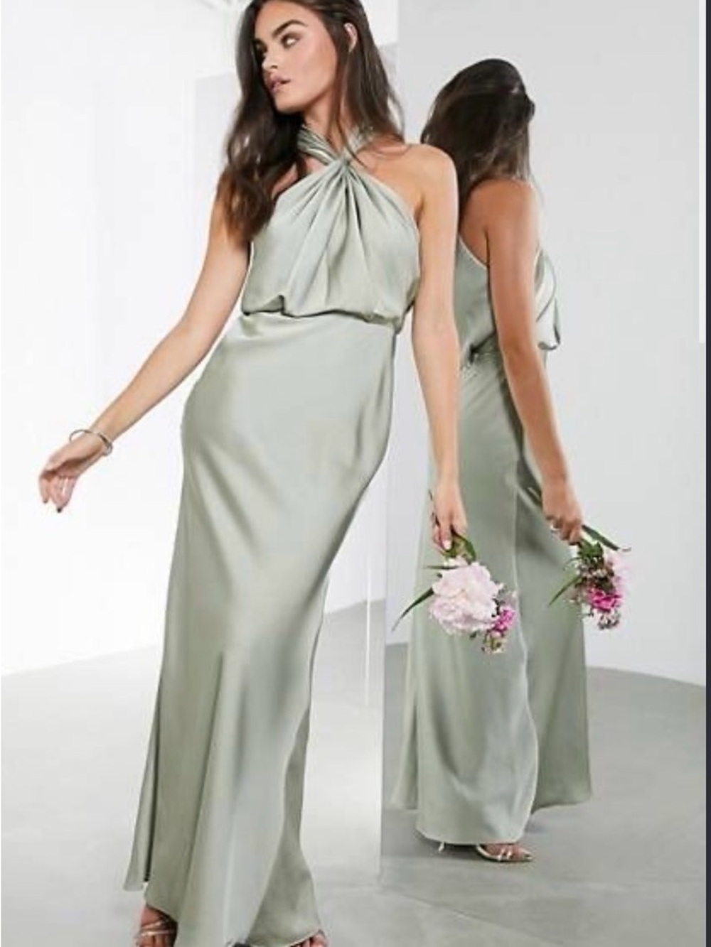 ASOS PETITE One-Shoulder Satin Maxi Dress in Sage Green
